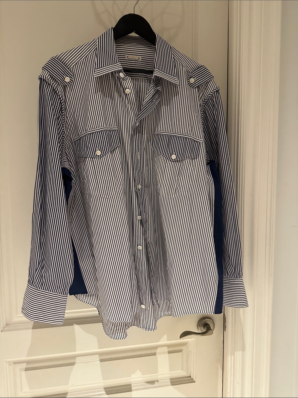 Men's Blue & White Stripe Dress Shirt with Front Pockets